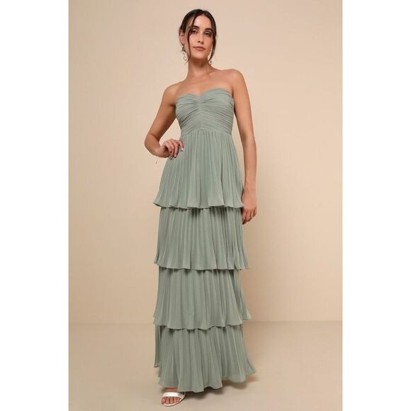Lulus Seriously Sensational Sage Brush Strapless Tiered Maxi Dress Green - Picture 1 of 3